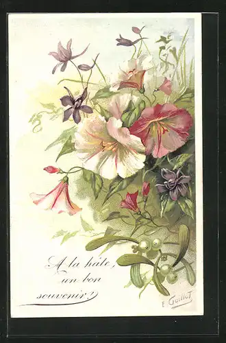 Künstler-AK sign. E. Guillot: Gruss mit diversen Blumen