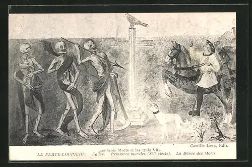 AK La Ferté-Loupière, Eglise, Peintures murales La Danse des Morts, Les trois Morts et les trois Vifs, Tod