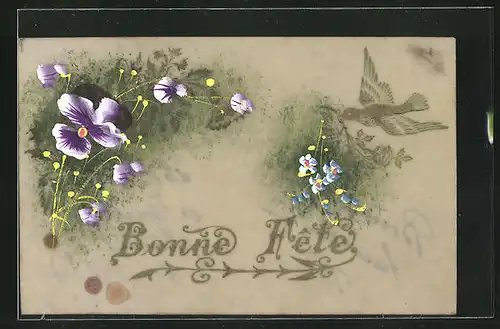 Zelluloid-AK Blumengruss mit violetten Stiefmütterchen