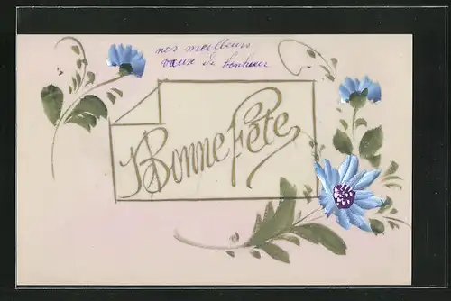 Zelluloid-AK Blumengruss mit blauen Blumen