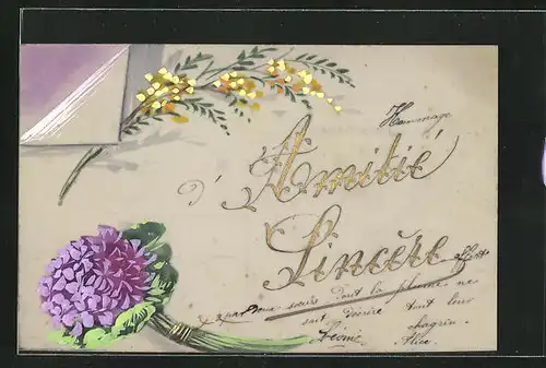 Zelluloid-AK Gruss mit violetten Hortensien