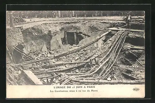 AK Paris, L`Orage du 15 Juin, Les Canalisations mises à nu rue du Havre, Unwetter