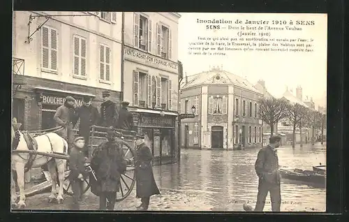 AK Sens, Inondations 1910, Dans le haut de l`Avenue Vauban, Hochwasser