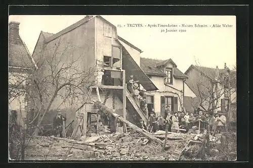 AK Trcyes, Après l`inondation 1910, Maison Schmitt, Allée Weber, Hochwasser