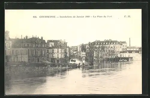 AK Courbevoie, Inondation de Janvier 1910, La Place du Port, Hochwasser am Hafenplatz