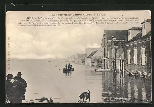 AK Sens, Inondations de Janvier 1910, L`Yonne en aval du Pont-au-Diable, Hochwasser
