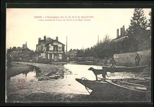 AK Sens, Inondations de Janvier 1910, Rue Carnot, Hochwasser
