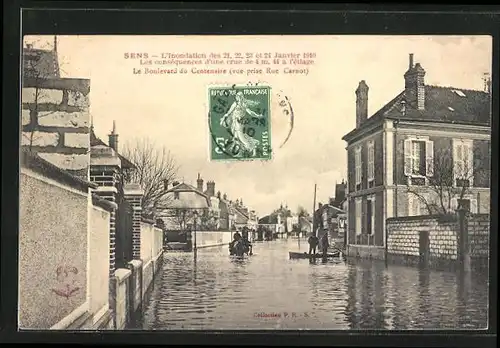 AK Sens, Inondations de Janvier 1910, Boulevard du Centenaire, Hochwasser