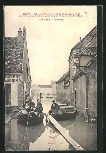 AK Sens, Inondations de Janvier 1910, Rue Cécile de Marsangy, Hochwasser