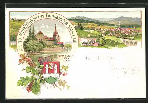 Lithographie Lauf, PP15 C 32, 15. Mittelfränkisches Bundeschiessen 1900, Panorama, Ganzsache Bayern