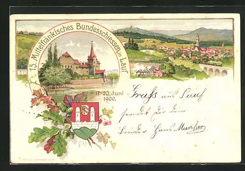 Lithographie Lauf, PP15 C 32, 15. Mittelfränkisches Bundeschiessen 1900, Panorama, Ganzsache Bayern
