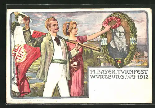 Künstler-AK Würzburg, PP27C62 /03, 14.Bayr. Turnfest 1912, Turner m. Flagge, Ehrenkranz m. Jahnporträt, Ganzsache Bayern