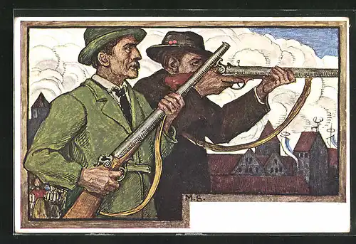 Künstler-AK München, PP15E31702, XV. Dt. Bundesschiessen 1906, Schützen beim Schiessen, Ganzsache Bayern