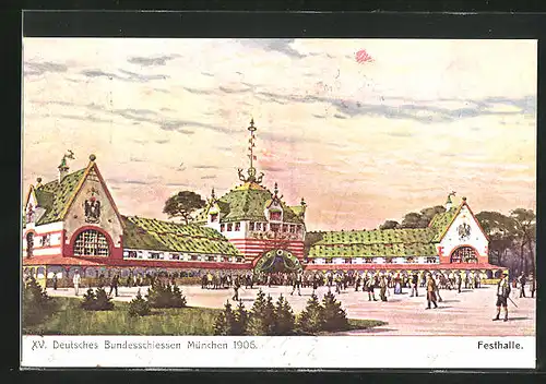 Künstler-AK München, PP15C90 /05, XV. Deut. Bundeschiessen 1906, Besucher an der Festhalle, Ganzsache Bayern