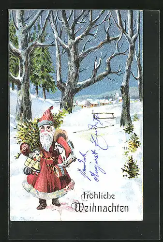 Präge-AK Weihnachtsmann im Winterwald