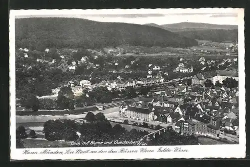 AK Hann.-Münden, Die Stadt an den drei Flüssen Werra Fulda-Weser, Blick auf Blume und Questenberg