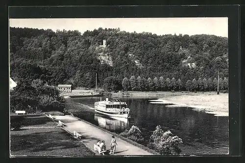 AK Karlshafen / Weser, Hessische Klippen mit Hugenottenturm und Dampfer