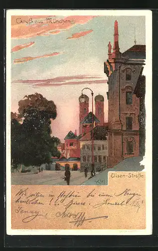 Künstler-AK Heinrich Kley: München, Elisen-Strasse in der Abendsonne