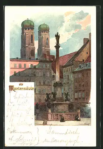 Künstler-AK Heinrich Kley: München, Mariensäule und Türme der Frauenkirche