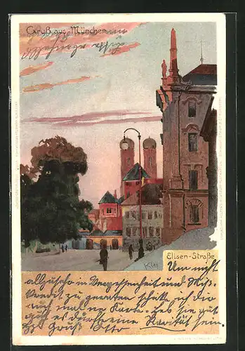 Künstler-AK Heinrich Kley: München, Abendstimmung in der Elisen-Strasse