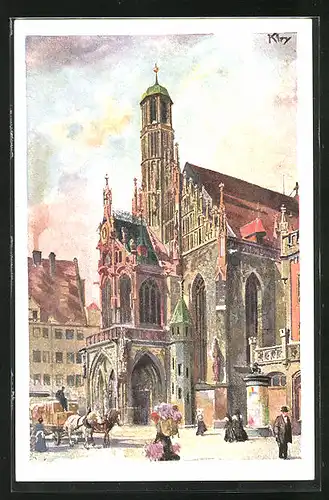 Künstler-AK Heinrich Kley: Nürnberg, Litfasssäule neben der Frauenkirche