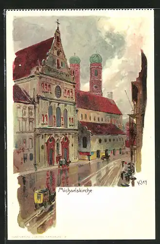 Künstler-AK Heinrich Kley: München, Kutsche vor der Michaelskirche