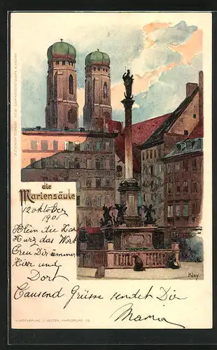 Künstler-AK Heinrich Kley: München, Mariensäule auf dem Marienplatz