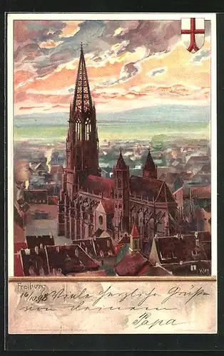 Künstler-AK Heinrich Kley: Freiburg, Ortsansicht mit Kirche