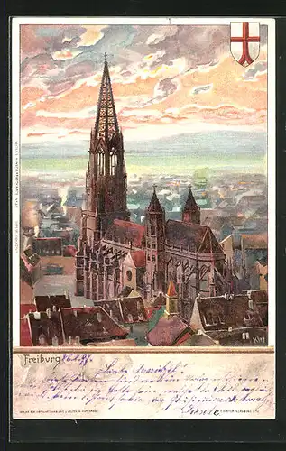 Künstler-AK Heinrich Kley: Freiburg, Kirche und Stadtwappen