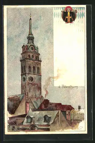 Künstler-AK Heinrich Kley: München, Petersturm und Münchner Kindl