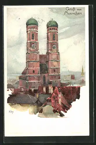 Künstler-AK Heinrich Kley: München, Aussenansicht der Frauenkirche