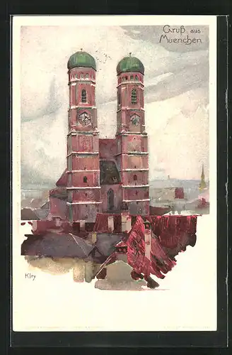 Künstler-AK Heinrich Kley: München, Aussenansicht der Frauenkirche