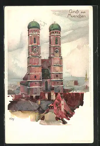 Künstler-AK Heinrich Kley: München, Aussenansicht der Frauenkirche