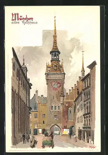 Künstler-AK Heinrich Kley: München, Altes Rathaus, Strassenpartie