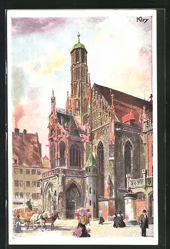 Künstler-AK Heinrich Kley: Nürnberg, Fussgänger vor der Frauenkirche