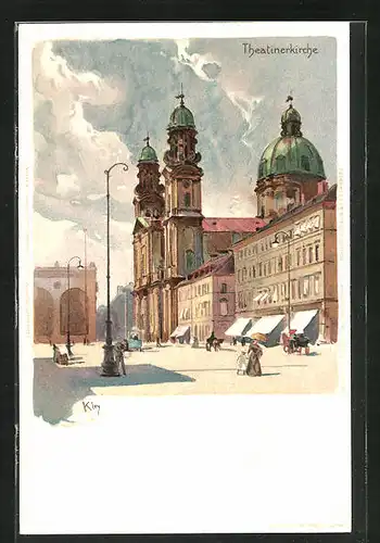 Künstler-AK Heinrich Kley: München, Strasse an der Theatinerkirche