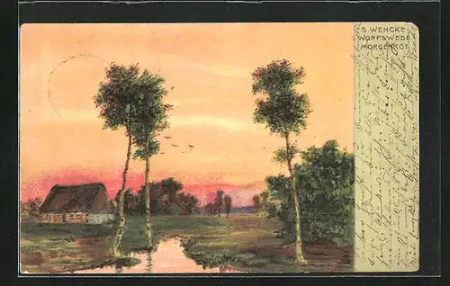 Künstler-AK Sophie Wencke: Worpswede, Ortspartie im Morgenrot