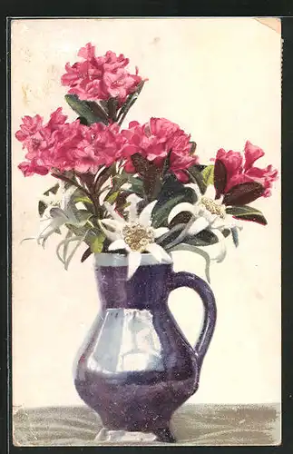 Künstler-AK Photochromie Nr. 1162: Blumenstrauss mit Edelweiss in Vase