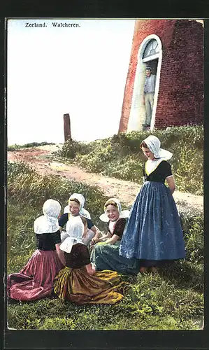 Künstler-AK Photochromie Nr. 2953: Walcheren in Zeeland, Junge Mädchen am Leuchtturm