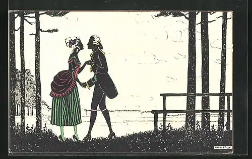 Künstler-AK Manni Grosze: Schattenbild, Paar in altertümlicher Kleidung