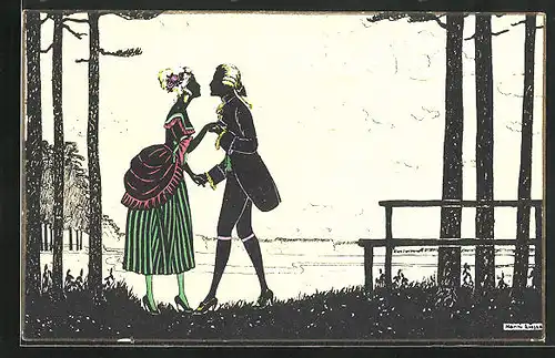 Künstler-AK Manni Grosze: Schattenbild, Paar in altertümlicher Kleidung
