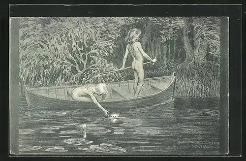 Künstler-AK Fidus: Nacktes Paar im Boot & Wasserrosen