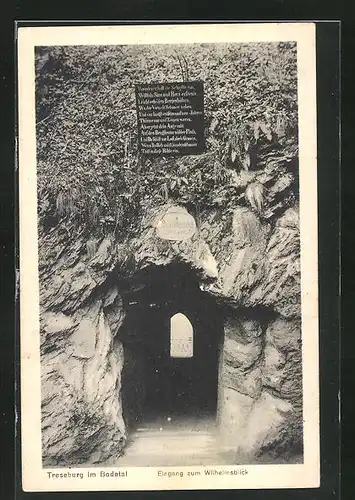 AK Treseburg im Bodetal, Eingang zum Wilhelmsblick mit Plakette