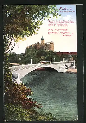 AK Halle a. S., Ruine Giebichenstein mit Brücke und Strassenbahn