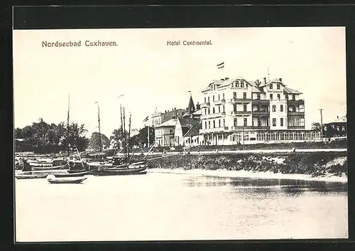 AK Cuxhaven, Hotel Continental mit Booten