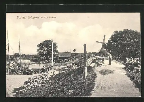 AK Borstel bei Jork im Altenlande, Ortspartie mit Windmühle und Bauern