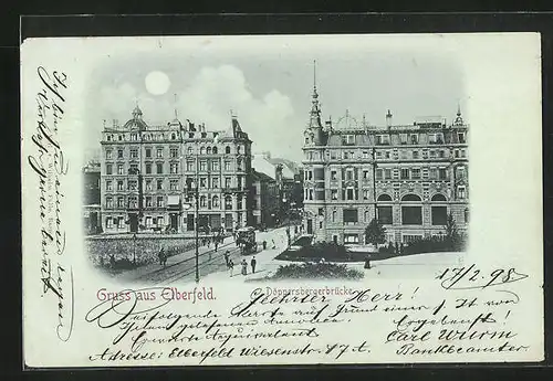 Mondschein-AK Elberfeld, Döppersbergerbrücke mit Strassenbahn