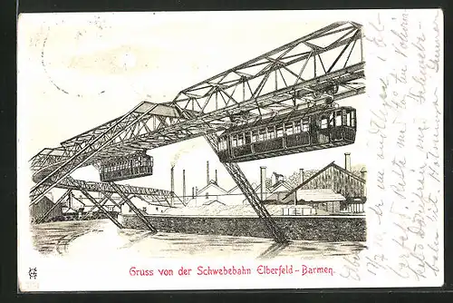 Lithographie Elberfeld-Barmen, Schwebebahnen über dem Fluss