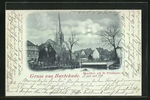 Mondschein-AK Buxtehude, Moorthor mit St. Petrikirche