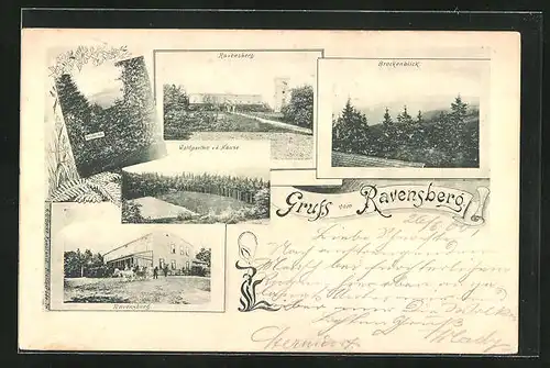 AK Ravensberg, Waldpartie mit Häusern, Brockenblick